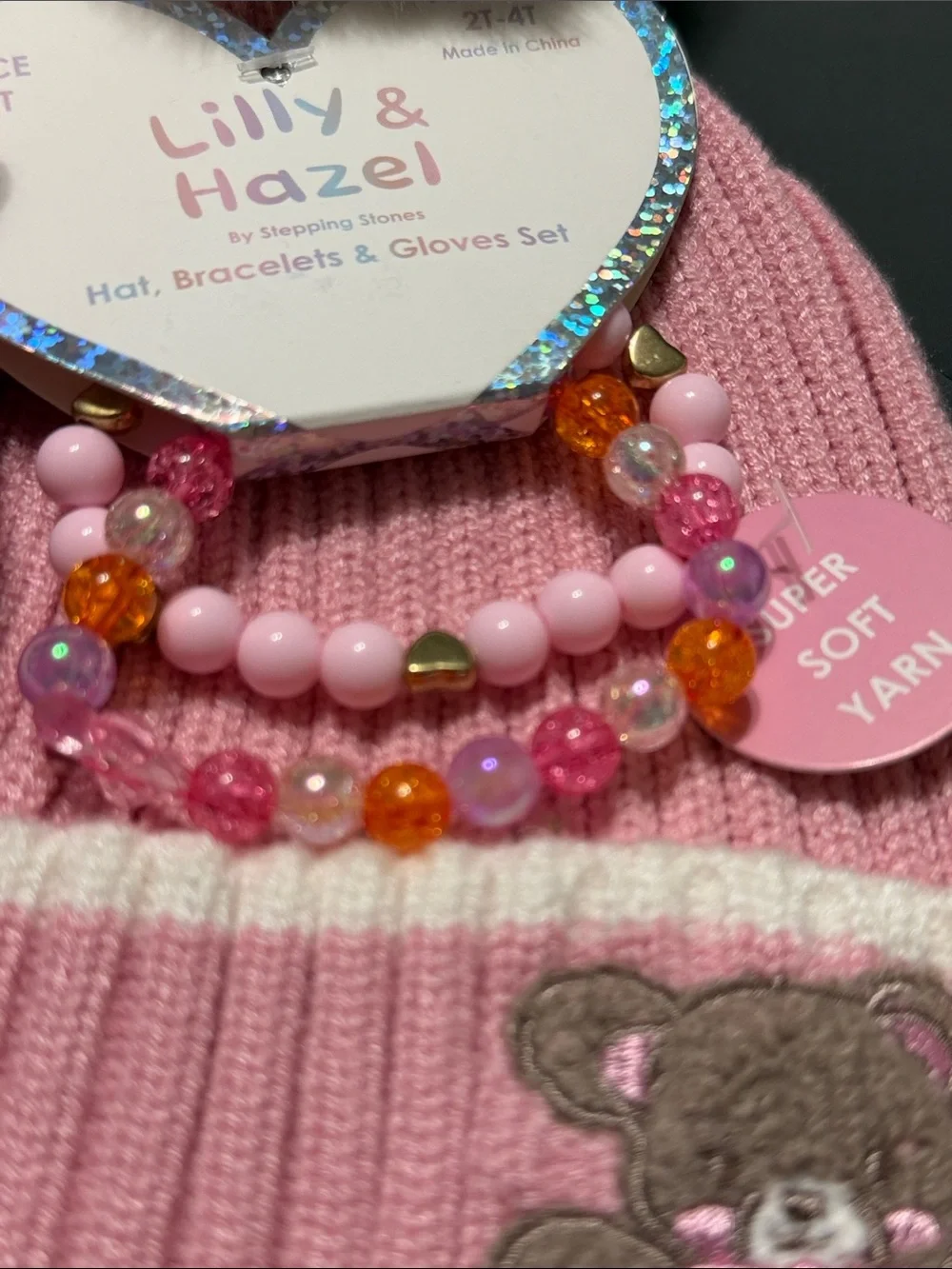 Lilly & Hazel Pink Pom Pom Hat, Mittens & Bracelet Set
